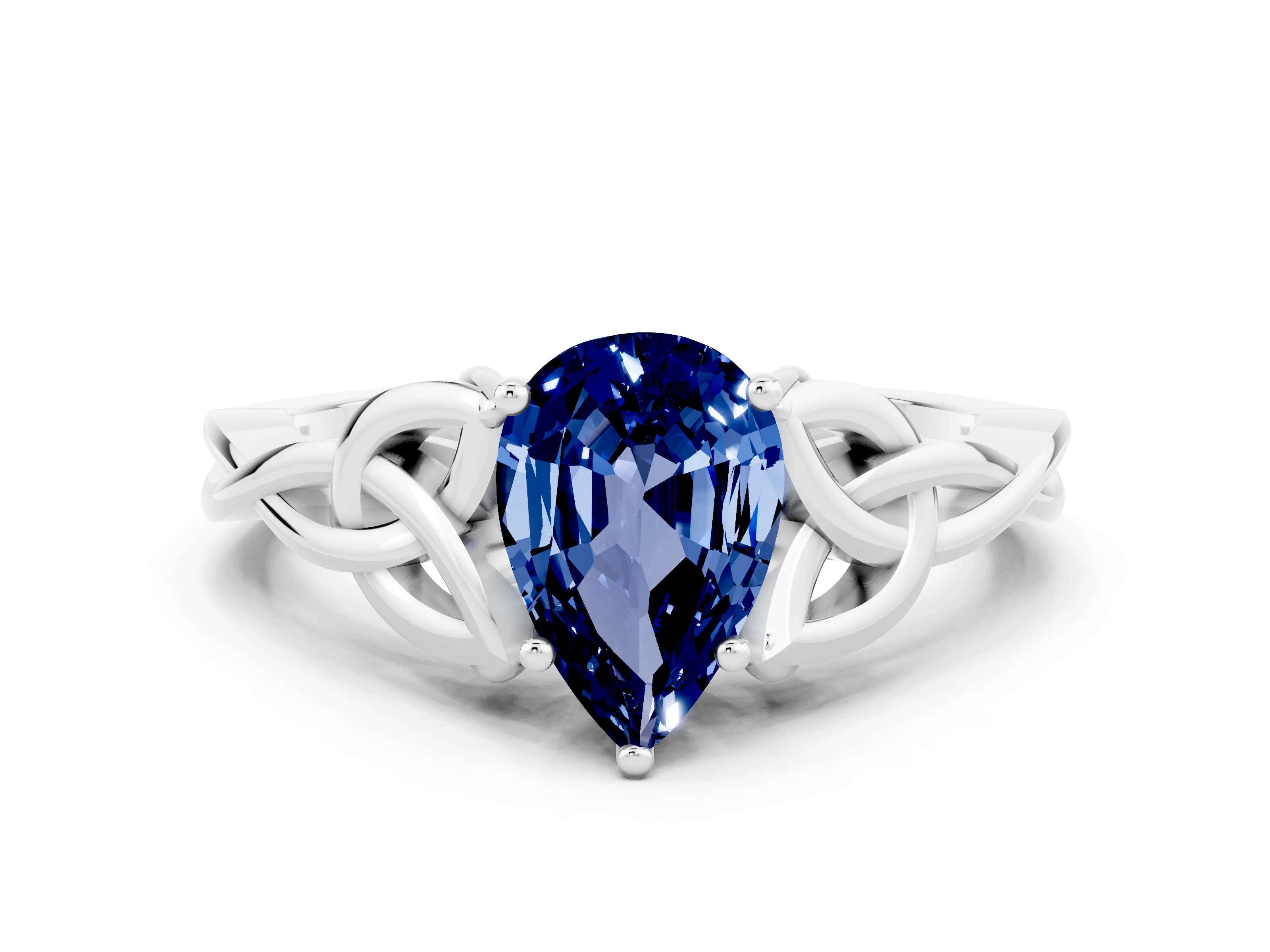 White gold Pear Cut Blue Sapphire Solitaire Engagement Ring with Celtic Knot Band and Four-Prong Setting