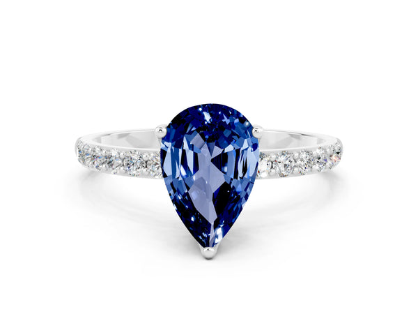 Platinum Pear Cut Blue Sapphire Solitaire Engagement Ring with Round  Pavé Band and Prong Setting