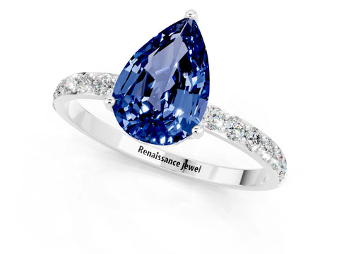 White gold Pear Cut Blue Sapphire Solitaire Engagement Ring with Pavé Band and Prong Setting_1