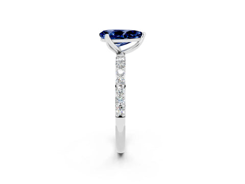 White gold Pear Cut Blue Sapphire Solitaire Engagement Ring with Pavé Band and Prong Setting_2