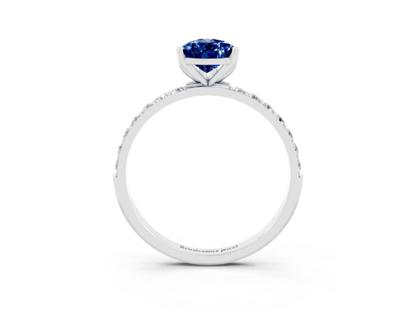 White gold Pear Cut Blue Sapphire Solitaire Engagement Ring with Round  Pavé Band and Prong Setting