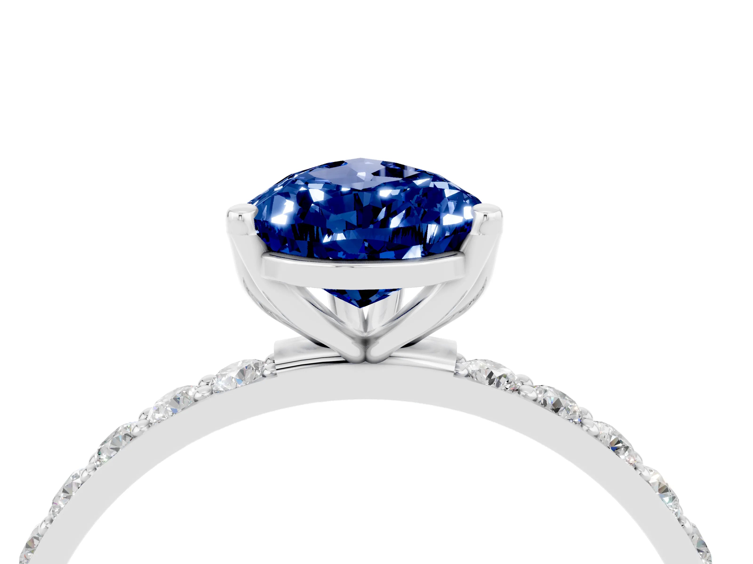 White gold Pear Cut Blue Sapphire Solitaire Engagement Ring with Pavé Band and Prong Setting_4
