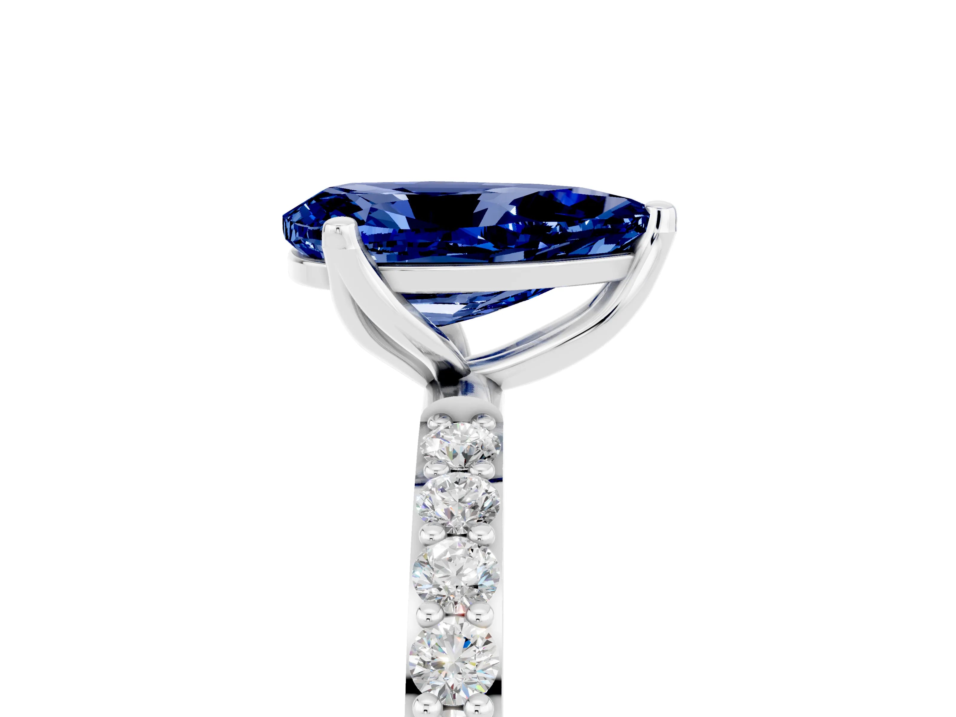 White gold Pear Cut Blue Sapphire Solitaire Engagement Ring with Pavé Band and Prong Setting_5