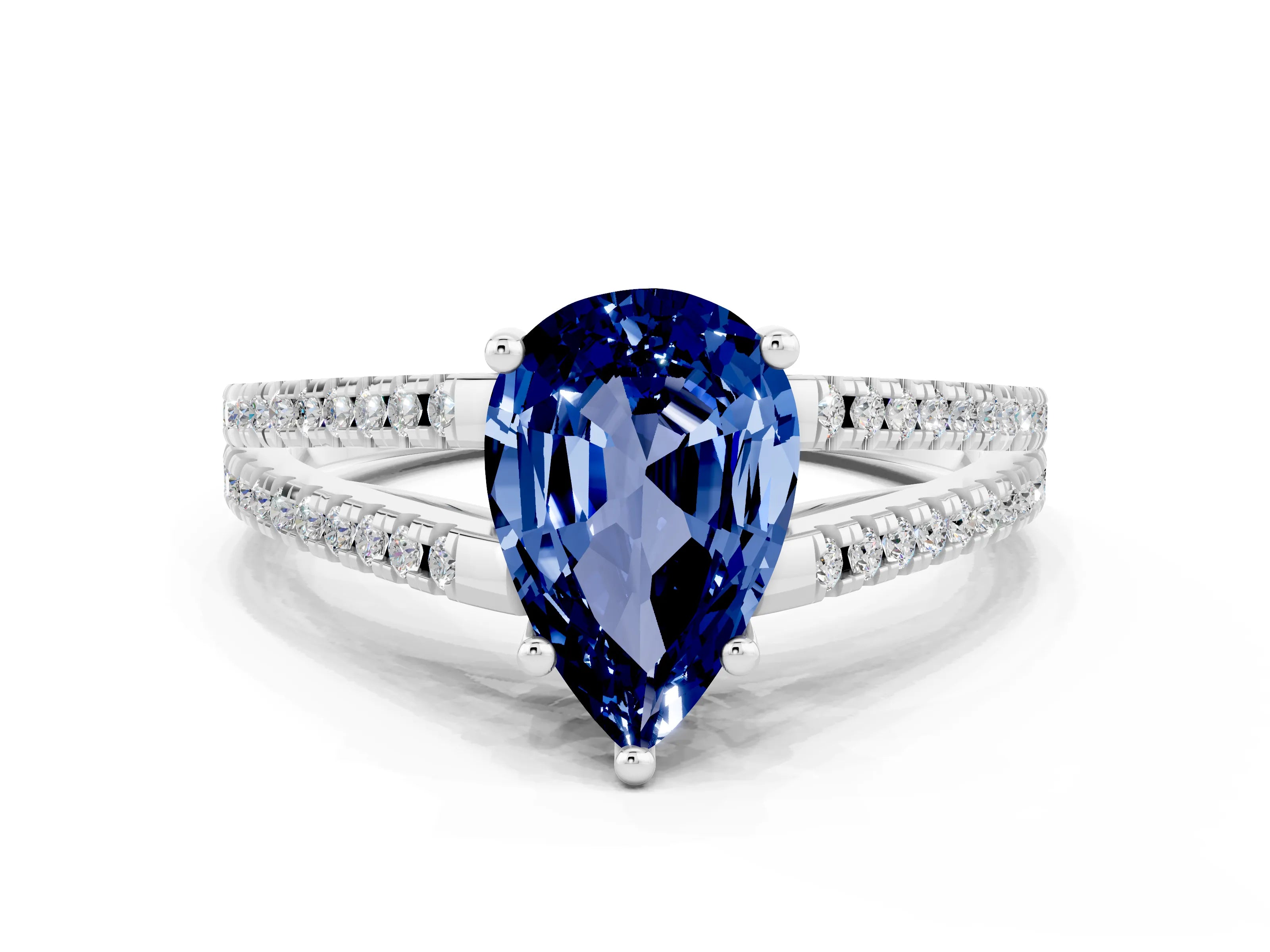 White gold Pear Cut Blue Sapphire Solitaire Engagement Ring with Split Shank Pavé Band