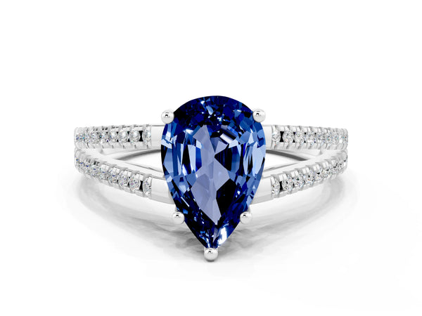 White gold Pear Cut Blue Sapphire Solitaire Engagement Ring with Split Shank Pavé Band