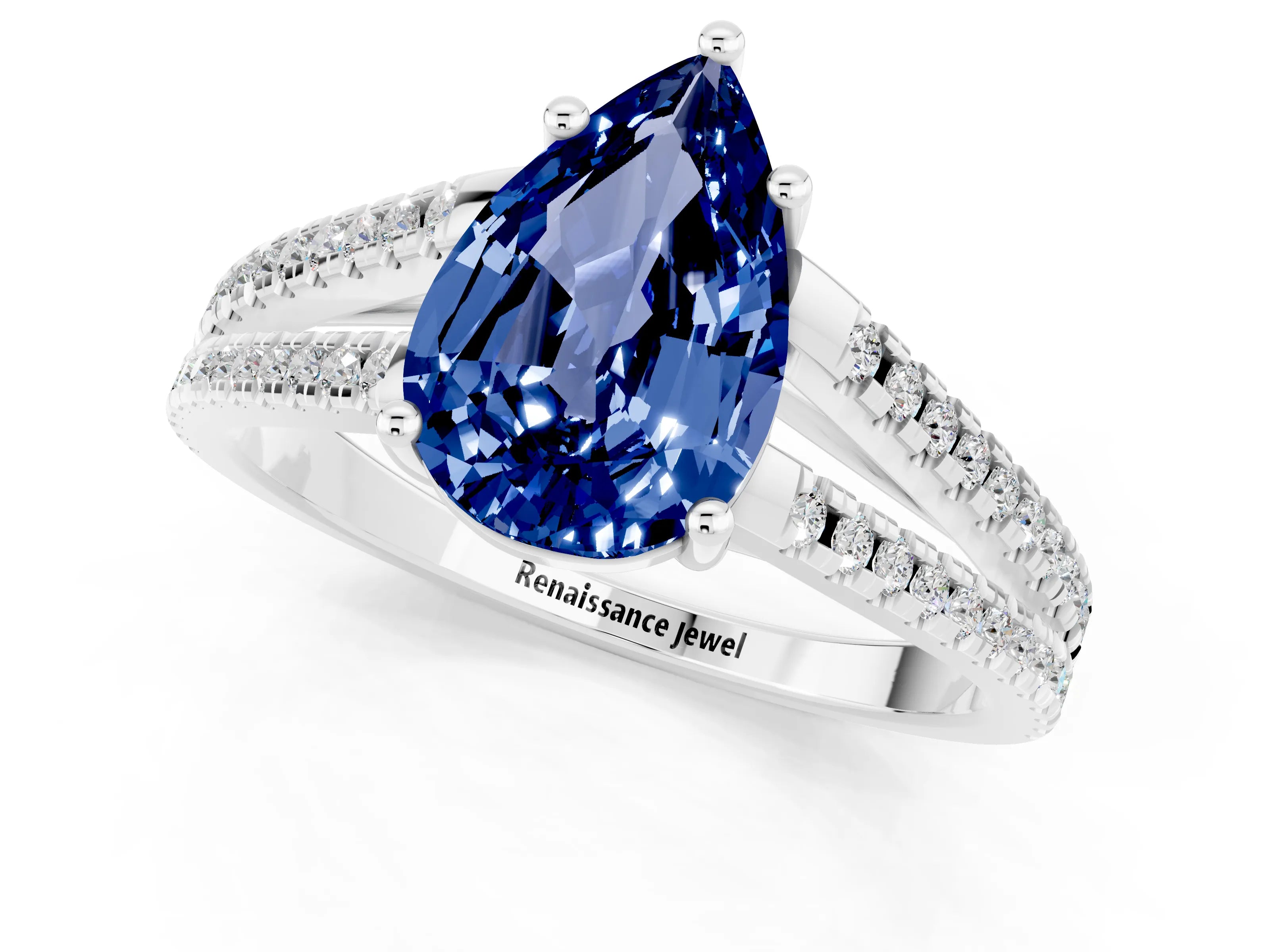 White gold Pear Cut Blue Sapphire Solitaire Engagement Ring with Split Shank Pavé Band_1