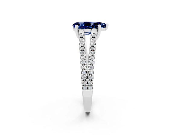 Platinum Pear Cut Blue Sapphire Solitaire Engagement Ring with Split Shank Pavé Band