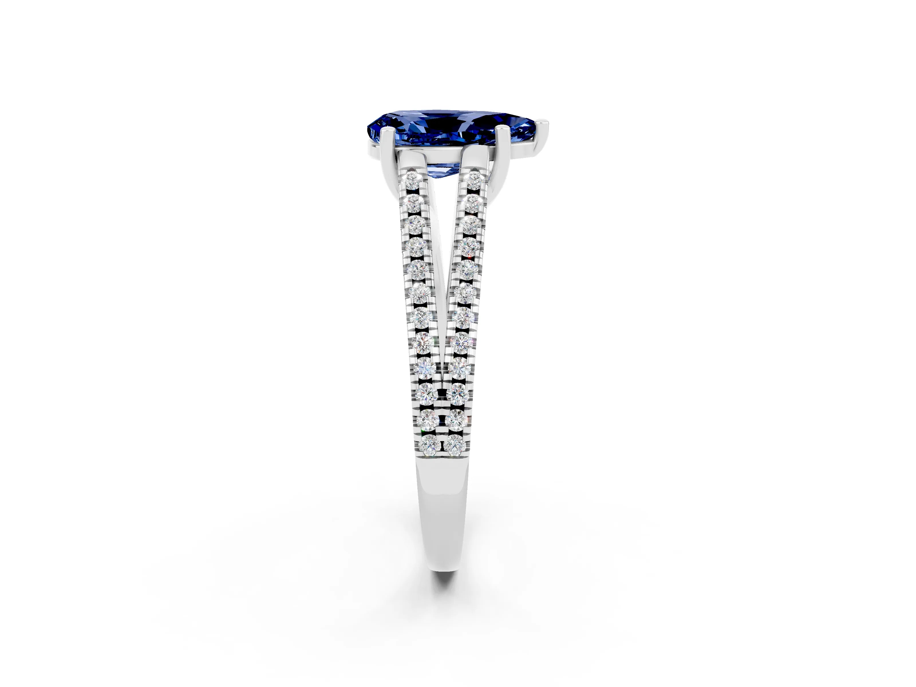 White gold Pear Cut Blue Sapphire Solitaire Engagement Ring with Split Shank Pavé Band_2