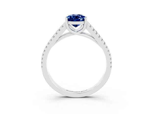 Platinum Pear Cut Blue Sapphire Solitaire Engagement Ring with Split Shank Pavé Band