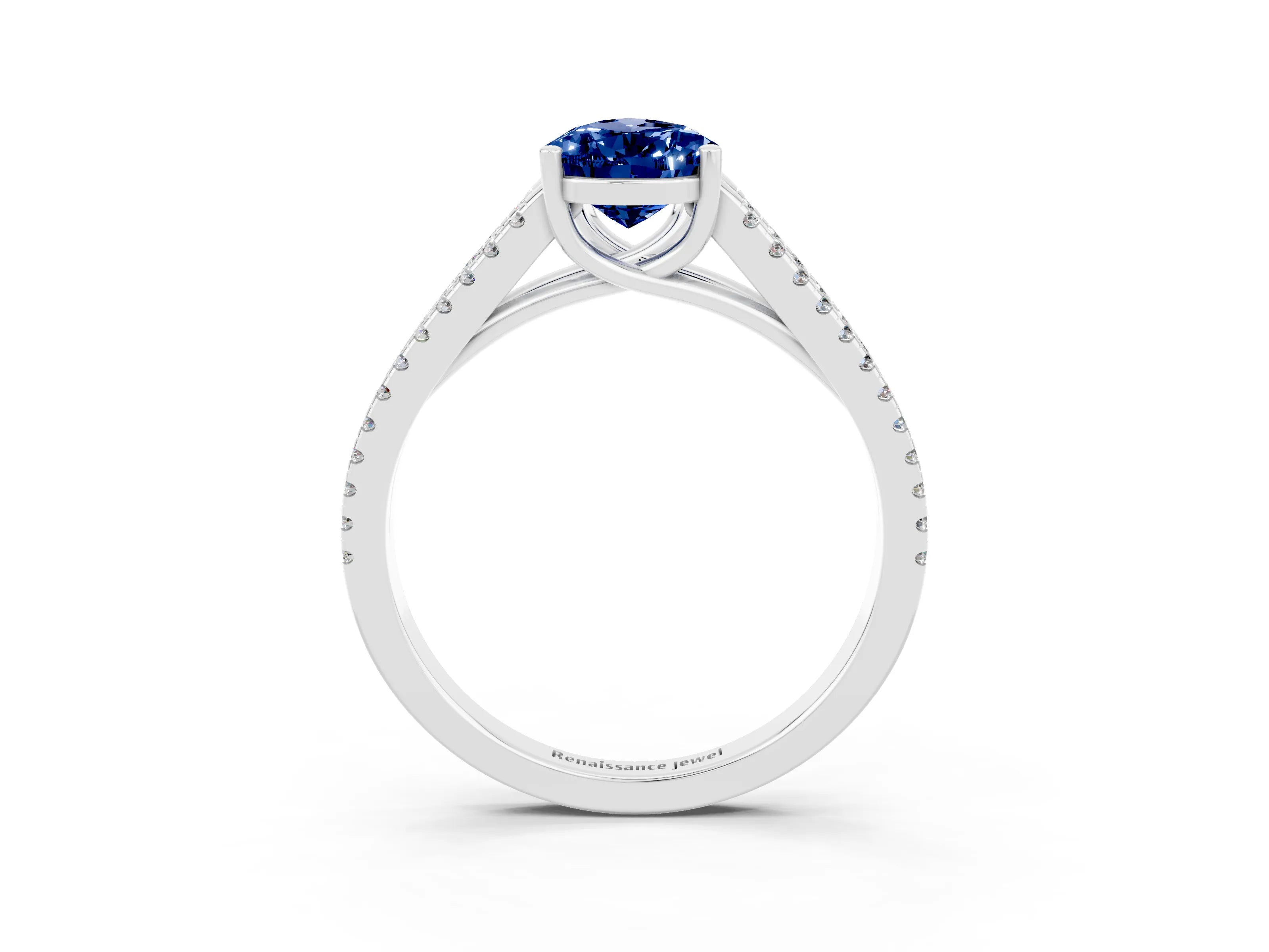 White gold Pear Cut Blue Sapphire Solitaire Engagement Ring with Split Shank Pavé Band_3