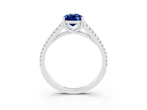 White gold Pear Cut Blue Sapphire Solitaire Engagement Ring with Split Shank Pavé Band_3