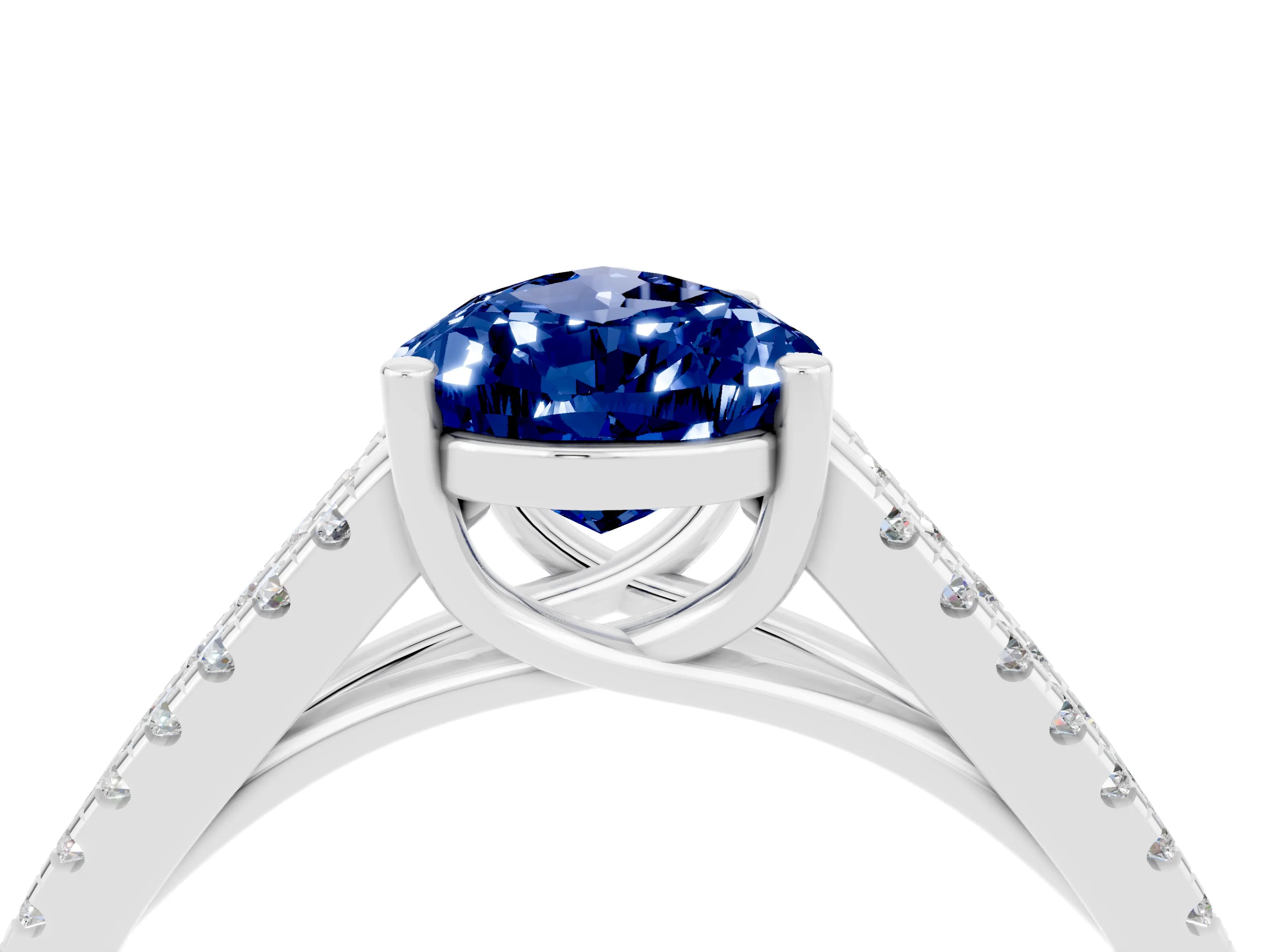 White gold Pear Cut Blue Sapphire Solitaire Engagement Ring with Split Shank Pavé Band_4