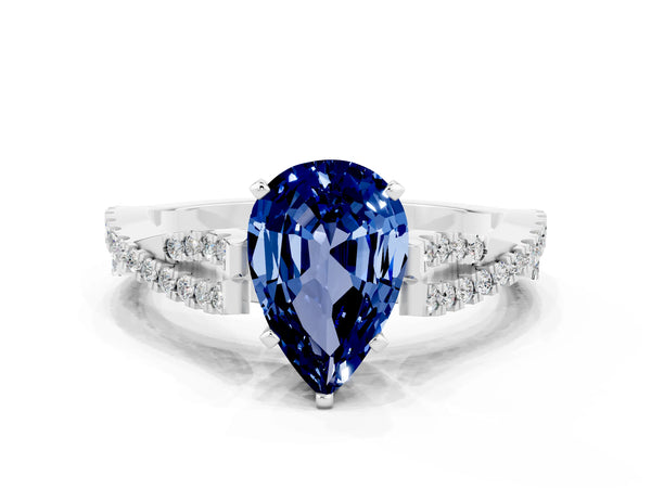 Platinum Pear Cut Blue Sapphire Solitaire Engagement Ring with Twisted Pavé Band and Four-Prong Setting