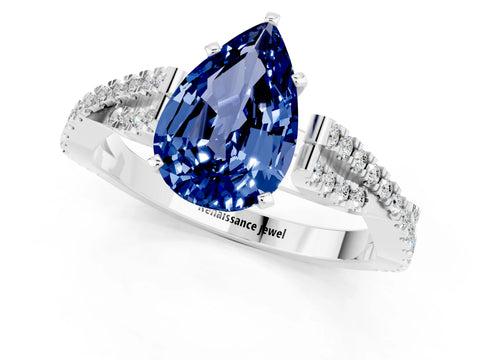 White gold Pear Cut Blue Sapphire Solitaire Engagement Ring with Twisted Pavé Band and Four-Prong Setting_1