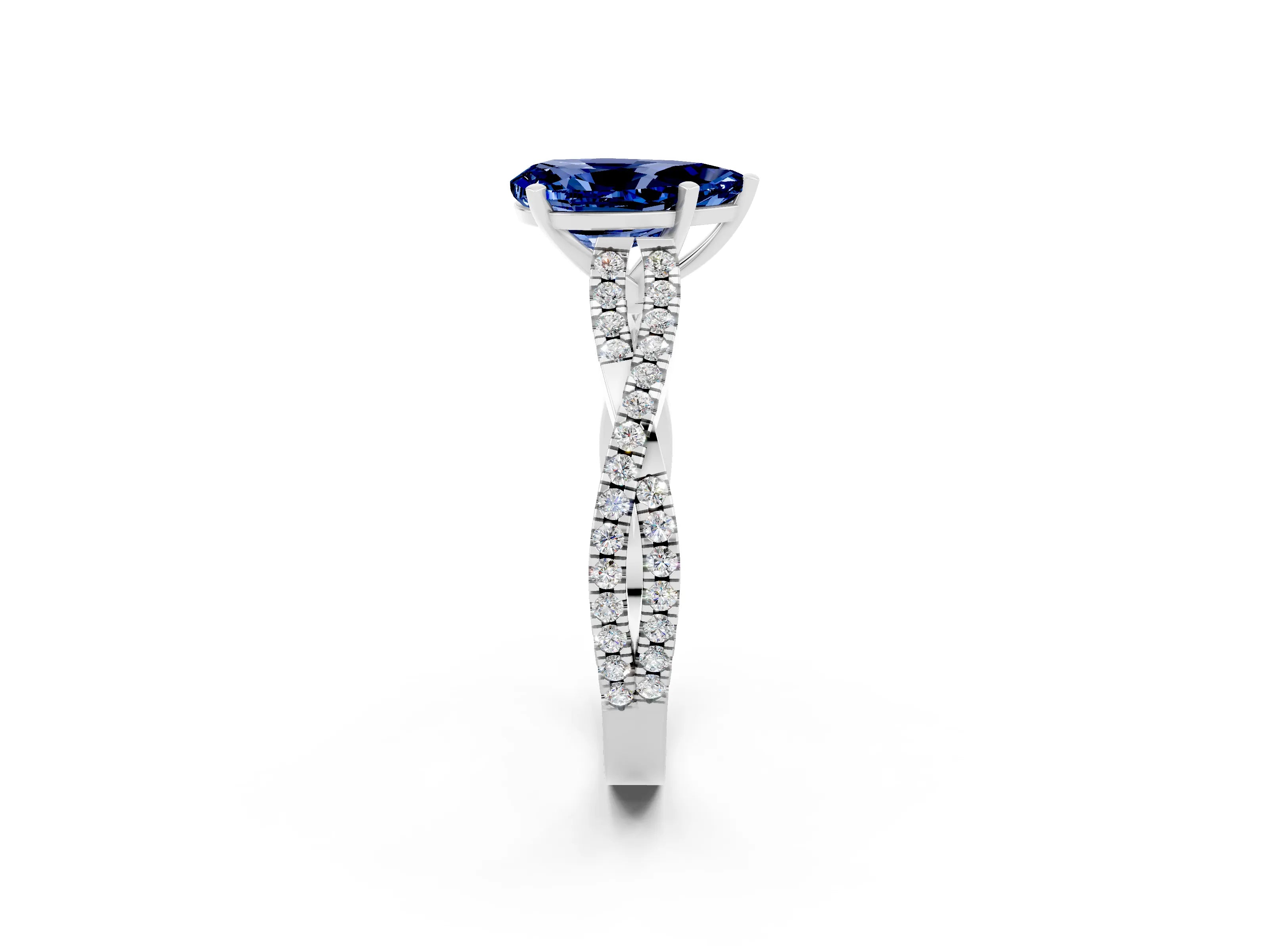 White gold Pear Cut Blue Sapphire Solitaire Engagement Ring with Twisted Pavé Band and Four-Prong Setting_2