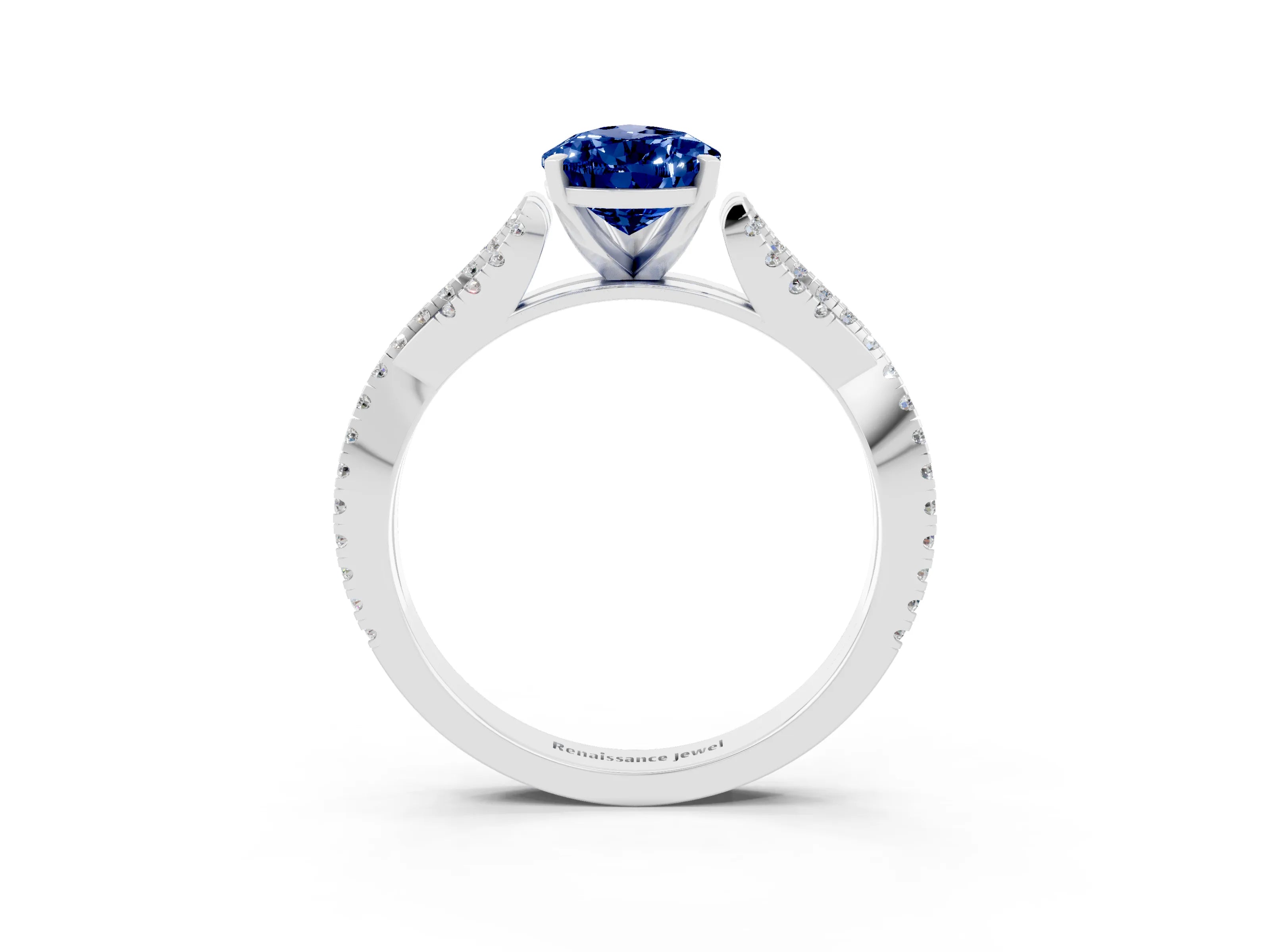 White gold Pear Cut Blue Sapphire Solitaire Engagement Ring with Twisted Pavé Band and Four-Prong Setting_3