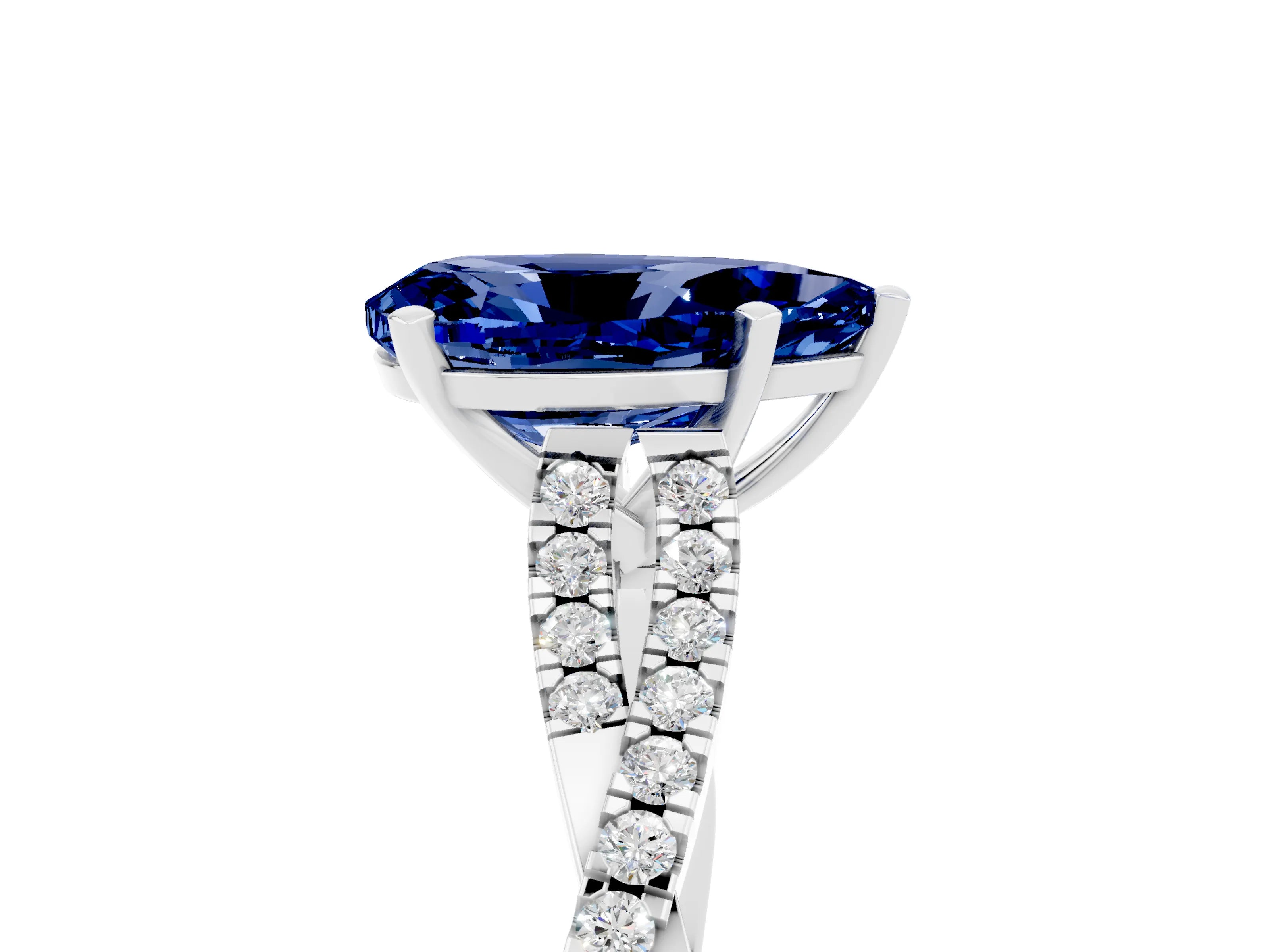 White gold Pear Cut Blue Sapphire Solitaire Engagement Ring with Twisted Pavé Band and Four-Prong Setting_5