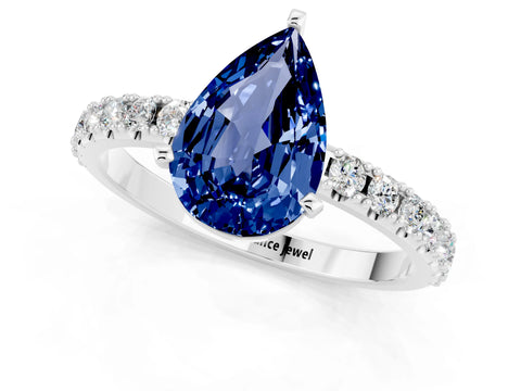 White gold Pear Cut Blue Sapphire Solitaire Pavé Band with Four-Prong Setting_1