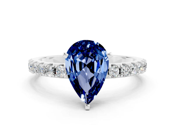Silver Pear Cut Blue Sapphire Solitaire Pavé Band with Four-Prong Setting