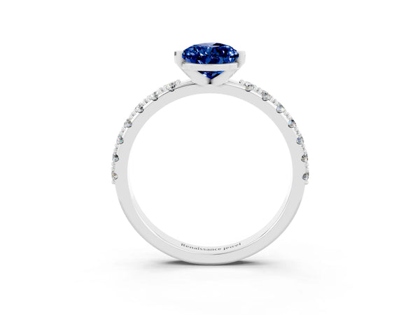 Silver Pear Cut Blue Sapphire Solitaire Pavé Band with Four-Prong Setting