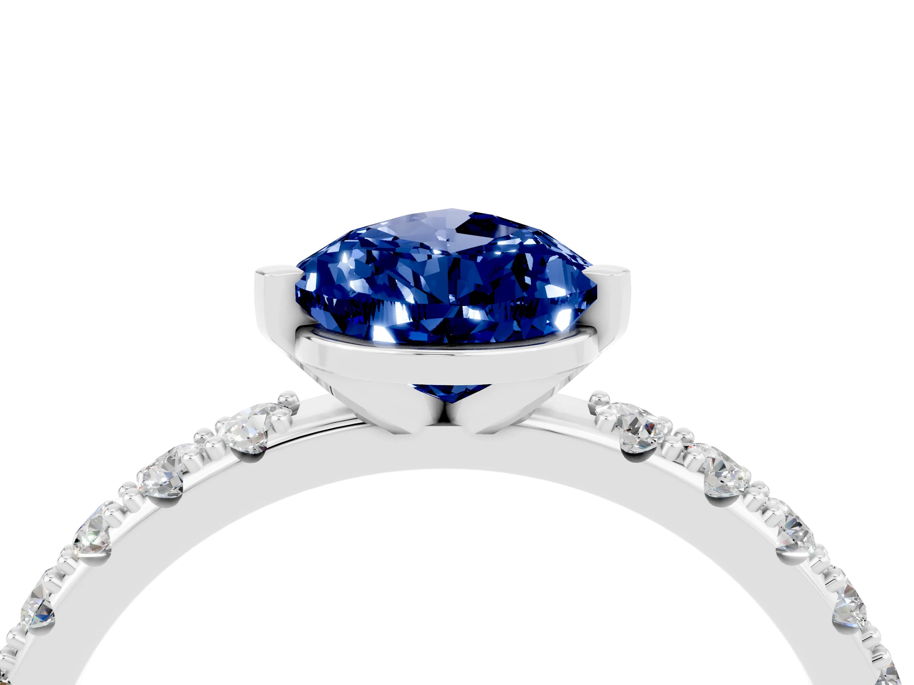 White gold Pear Cut Blue Sapphire Solitaire Pavé Band with Four-Prong Setting_4