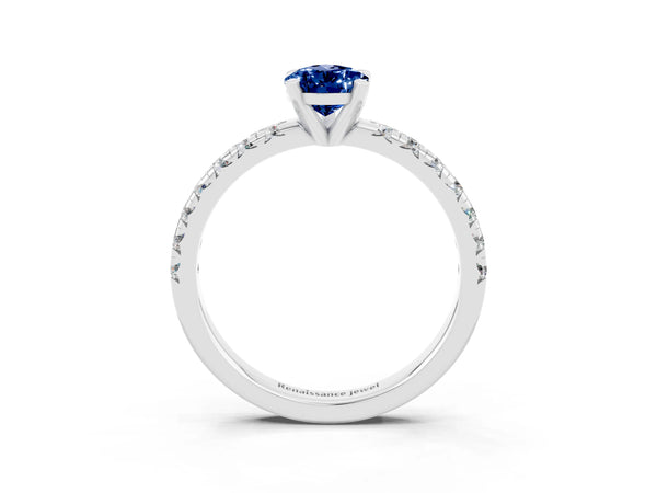 Silver Pear Cut Blue Sapphire Solitaire Pavé Engagement Ring with Round Band and Prong Setting