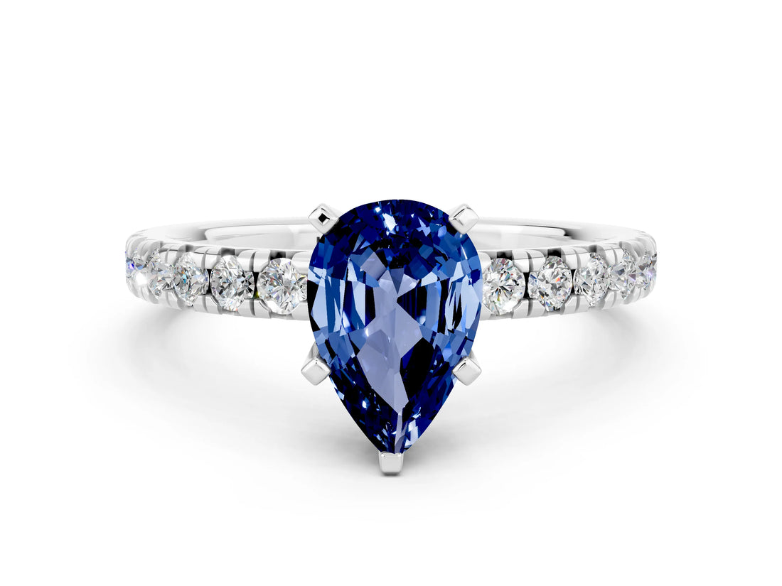 White gold Pear Cut Blue Sapphire Solitaire Pavé Engagement Ring with Round Band and Prong Setting_79
