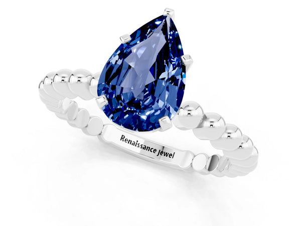 Platinum Pear Cut Blue Sapphire Solitaire Ring with Beaded Band and Prong Setting