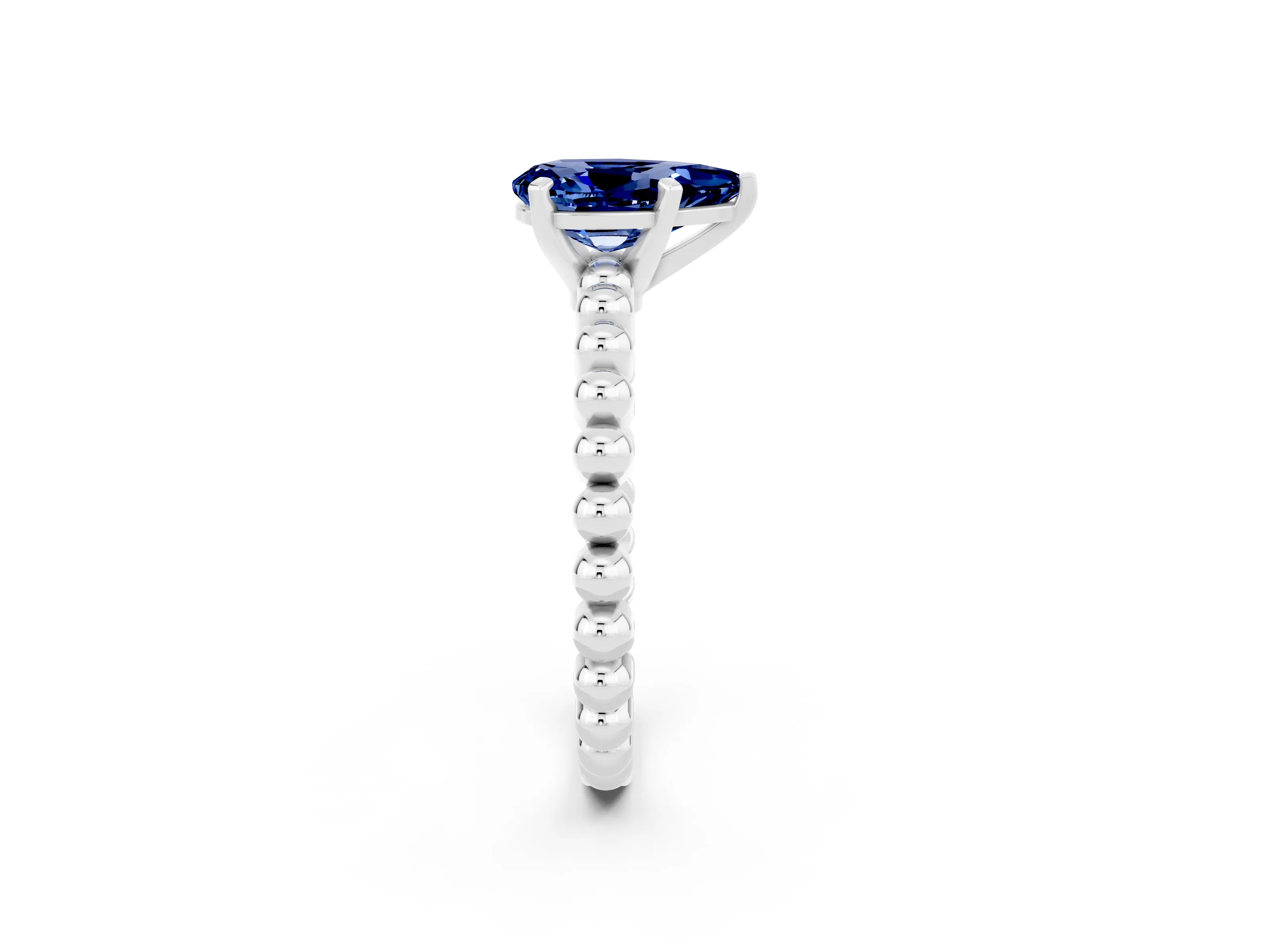 White gold Pear Cut Blue Sapphire Solitaire Ring with Beaded Band and Prong Setting_14