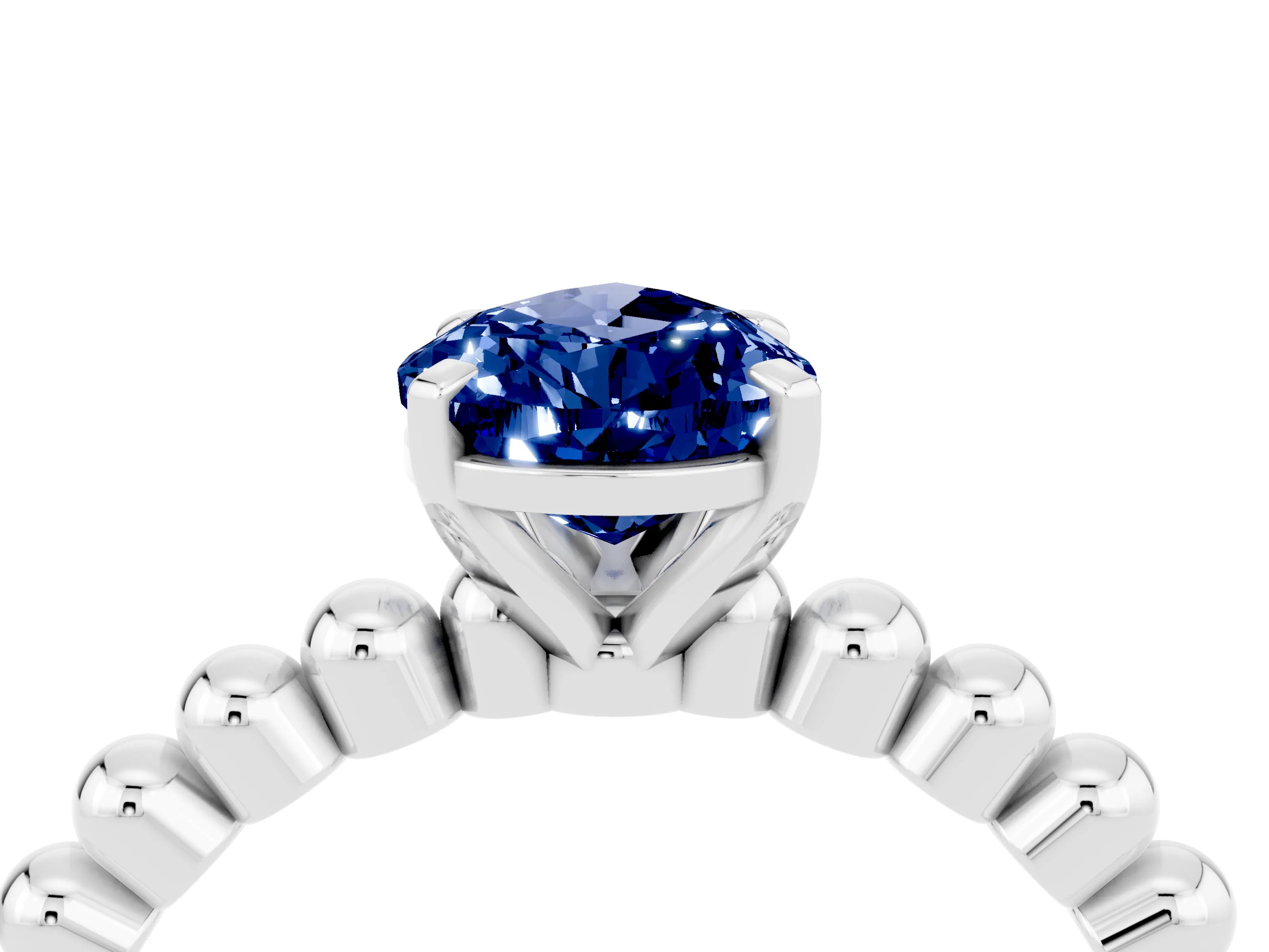 White gold Pear Cut Blue Sapphire Solitaire Ring with Beaded Band and Prong Setting_16