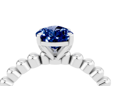 White gold Pear Cut Blue Sapphire Solitaire Ring with Beaded Band and Prong Setting_16
