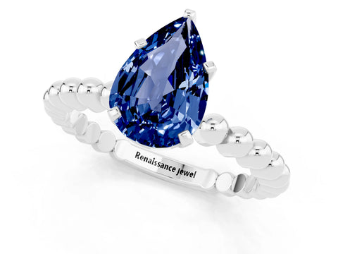 White gold Pear Cut Blue Sapphire Solitaire Ring with Beaded Band and Prong Setting_1