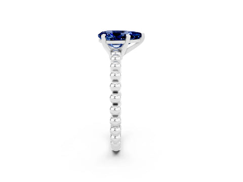 White gold Pear Cut Blue Sapphire Solitaire Ring with Beaded Band and Prong Setting_2