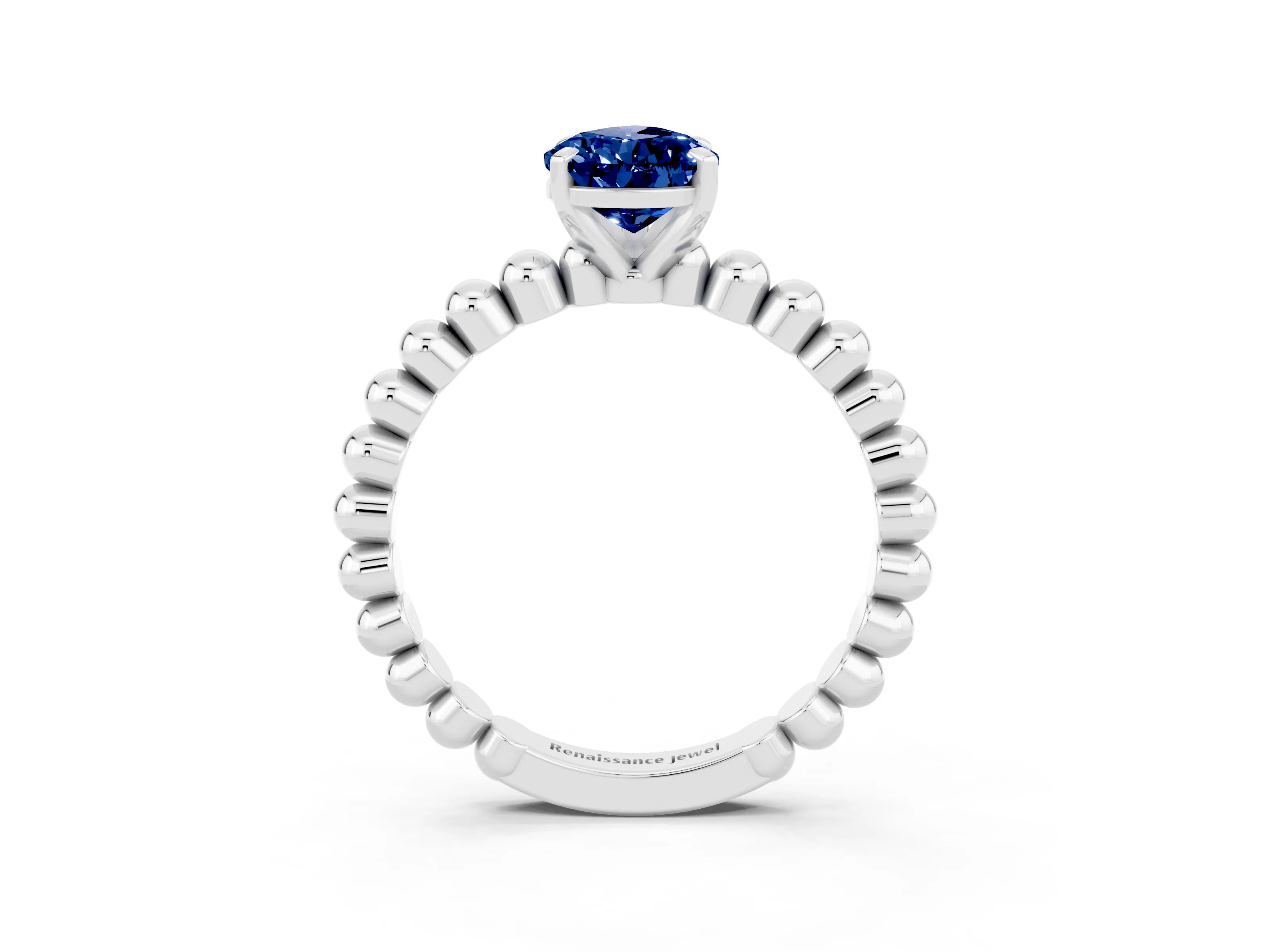 White gold Pear Cut Blue Sapphire Solitaire Ring with Beaded Band and Prong Setting_3