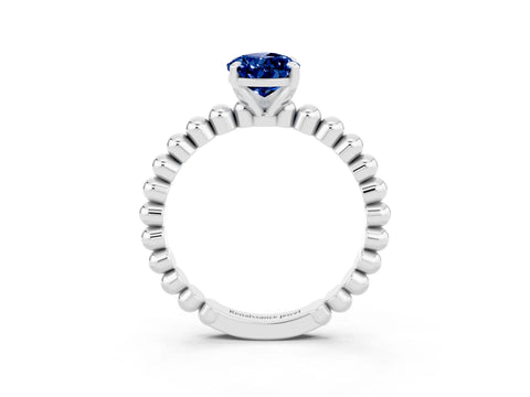 White gold Pear Cut Blue Sapphire Solitaire Ring with Beaded Band and Prong Setting_3