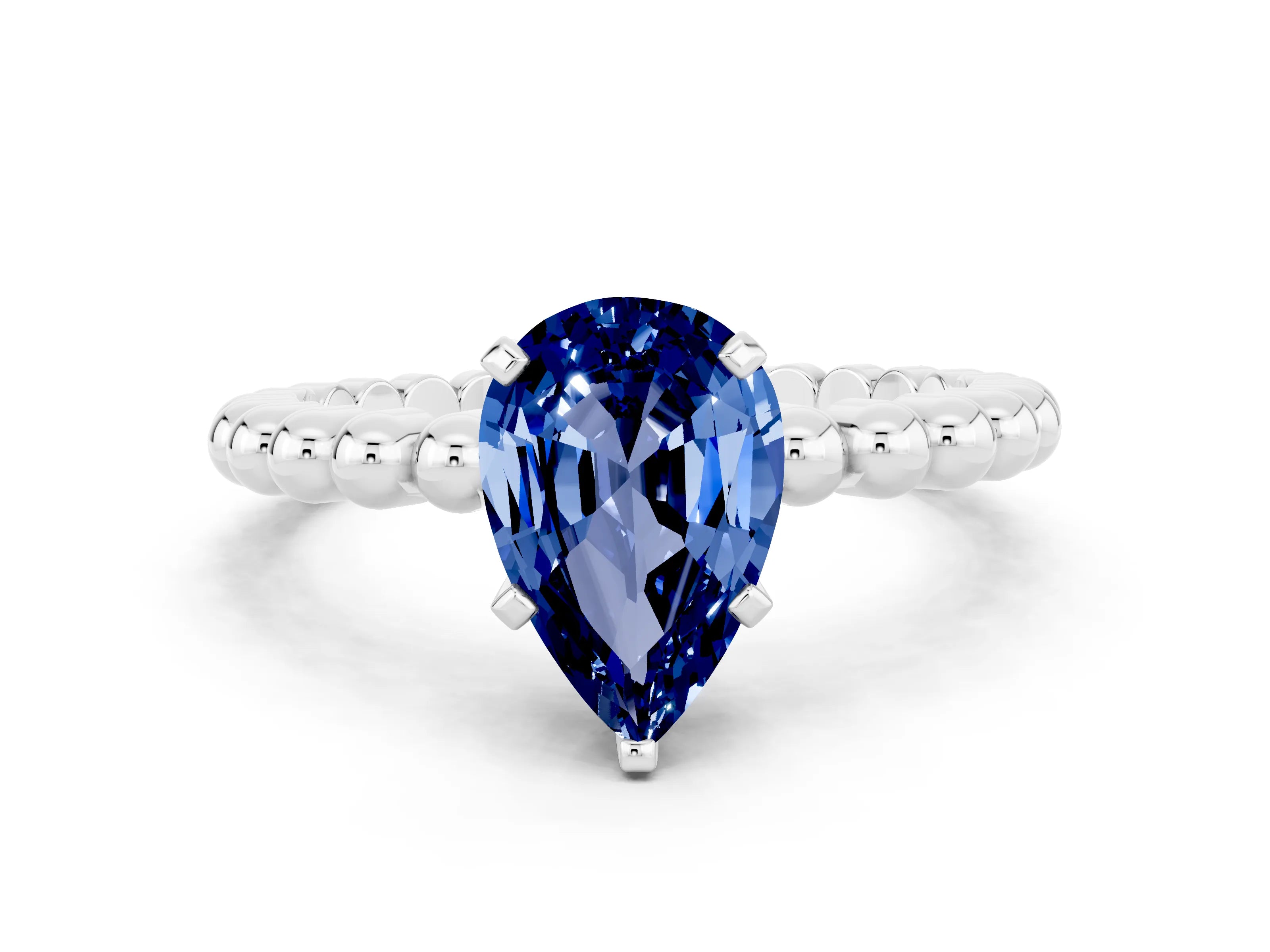 White gold Pear Cut Blue Sapphire Solitaire Ring with Beaded Band and Prong Setting