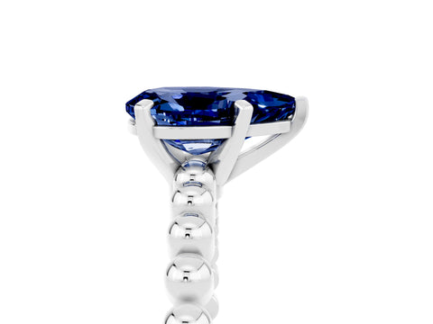 White gold Pear Cut Blue Sapphire Solitaire Ring with Beaded Band and Prong Setting_5