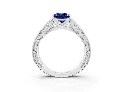 White gold Pear Cut Blue Sapphire Solitaire Ring with Engraved Band and Four-Prong Setting_3