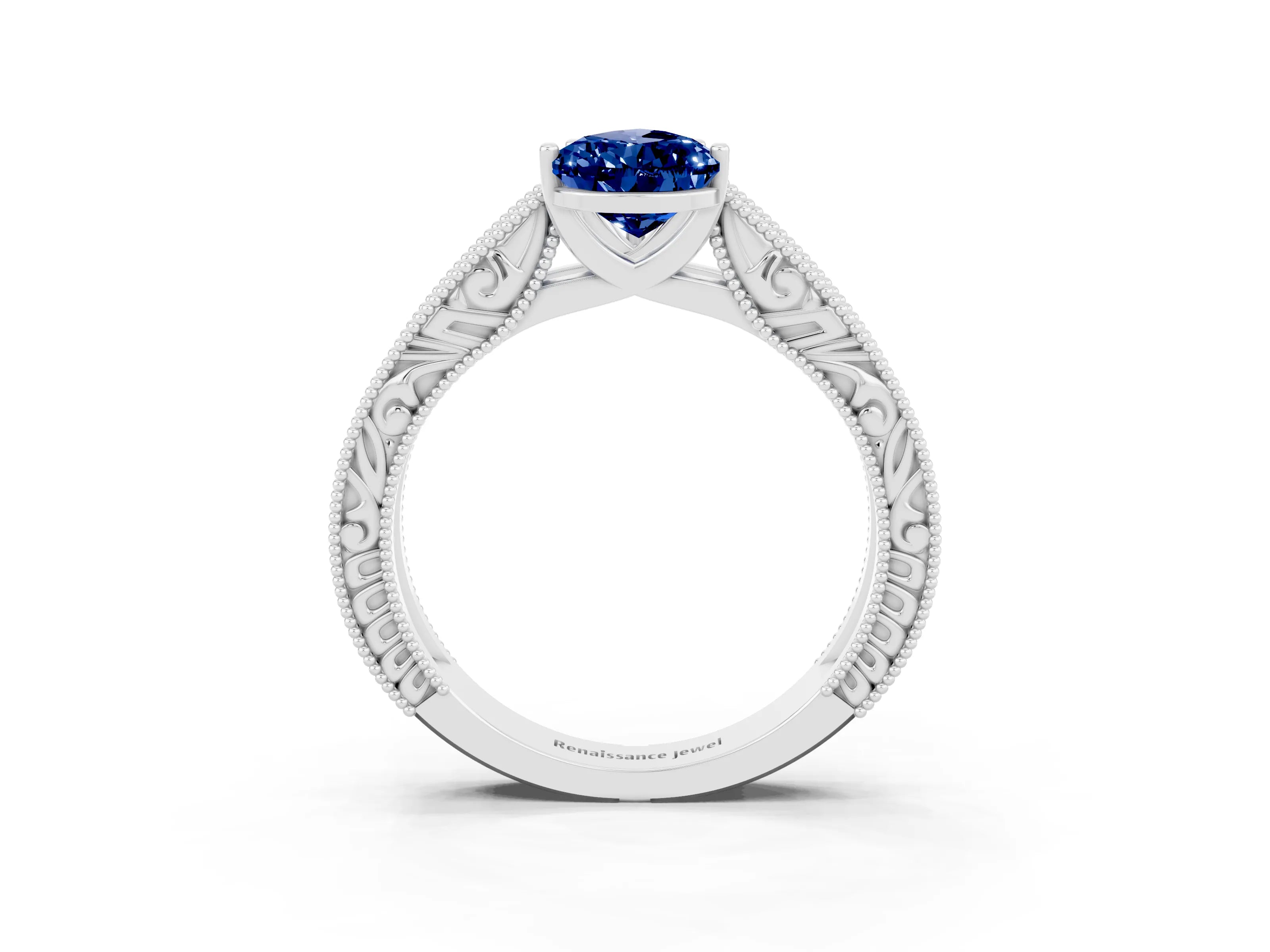 White gold Pear Cut Blue Sapphire Solitaire Ring with Engraved Band and Four-Prong Setting_3