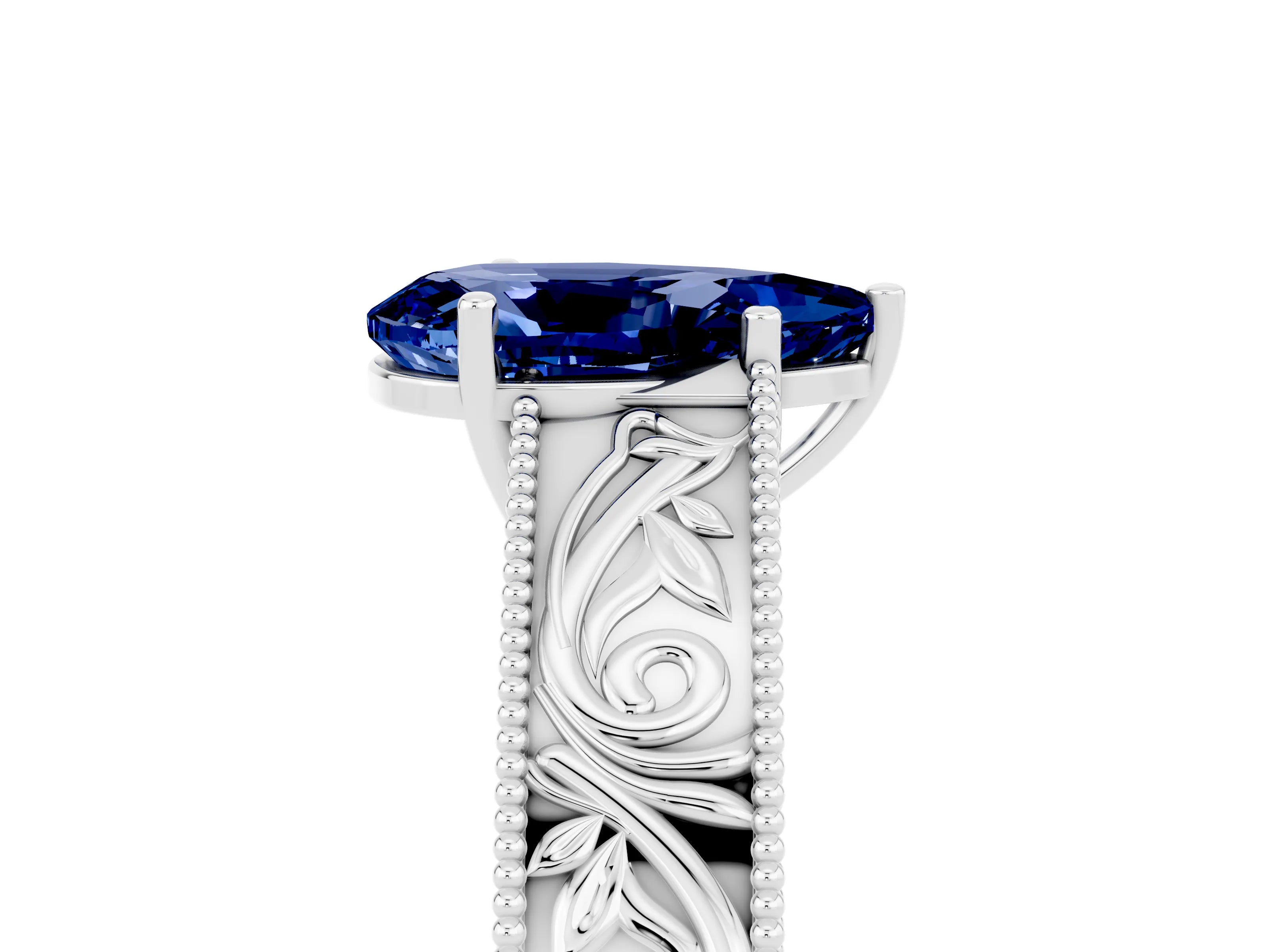 White gold Pear Cut Blue Sapphire Solitaire Ring with Engraved Band and Four-Prong Setting_5