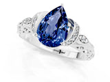 White gold Pear Cut Blue Sapphire Solitaire Ring with Filigree Band and Four-Prong Setting_25