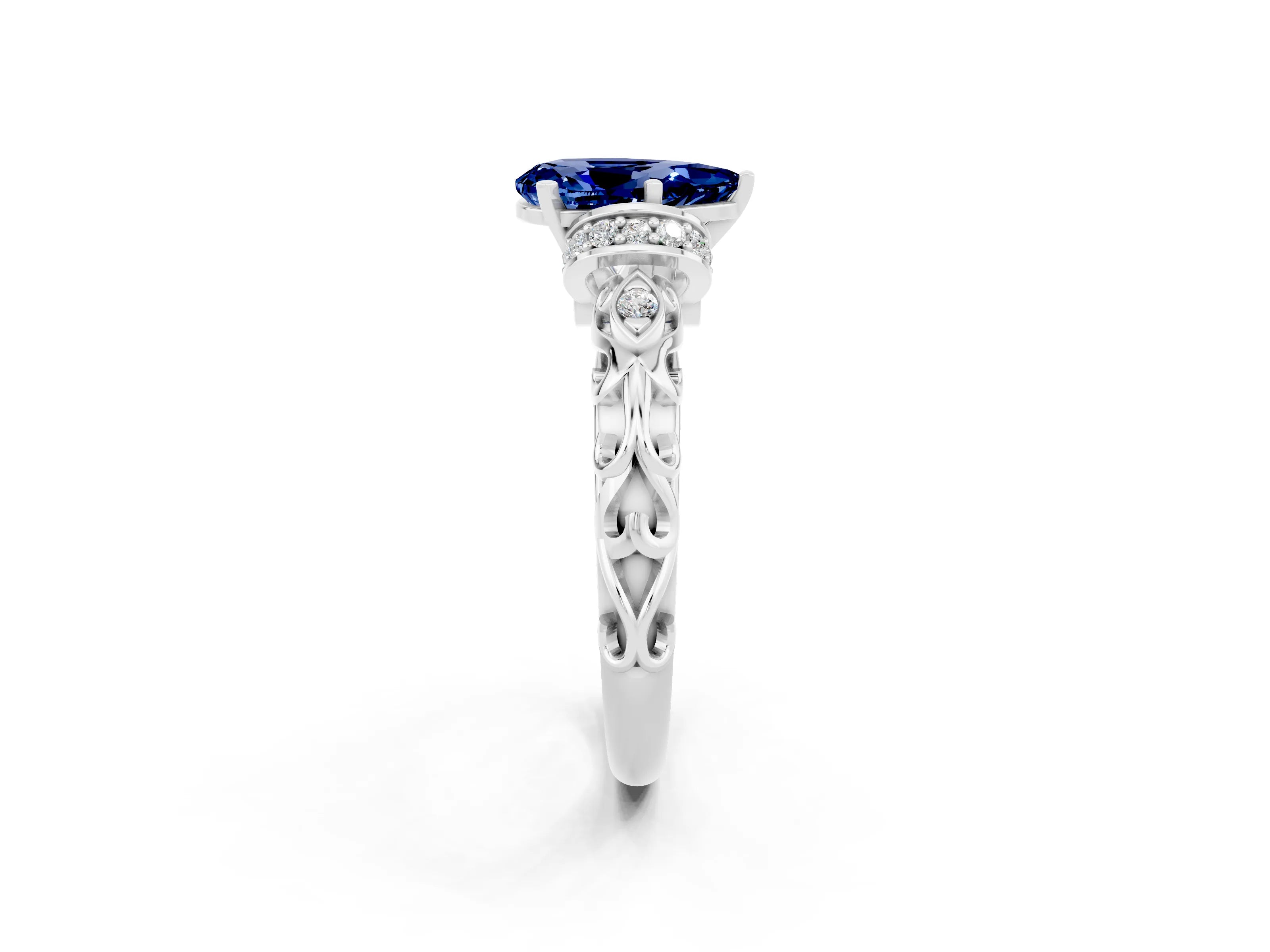 White gold Pear Cut Blue Sapphire Solitaire Ring with Filigree Band and Four-Prong Setting_26