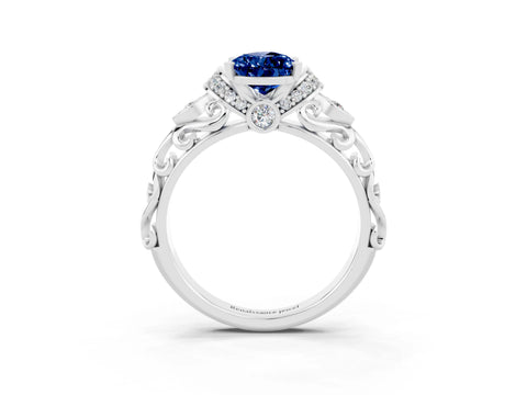 White gold Pear Cut Blue Sapphire Solitaire Ring with Filigree Band and Four-Prong Setting_27
