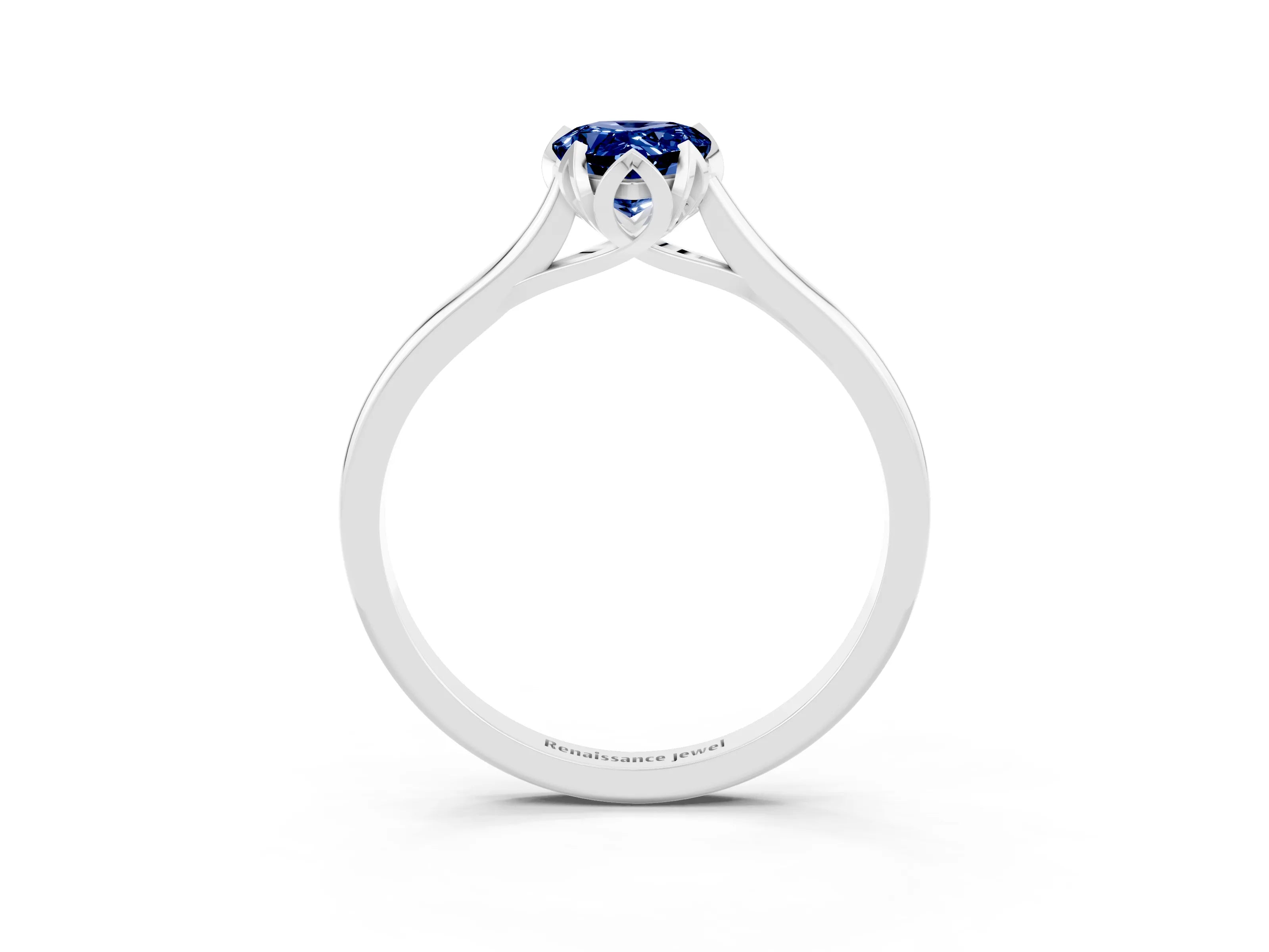 White gold Pear Cut Blue Sapphire Solitaire Ring with Flower Prong Setting and Classic Band_15