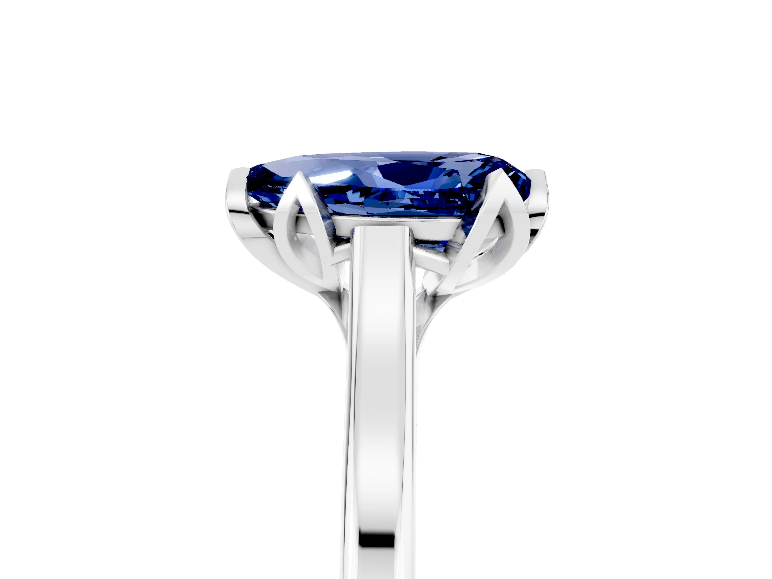 White gold Pear Cut Blue Sapphire Solitaire Ring with Flower Prong Setting and Classic Band_17