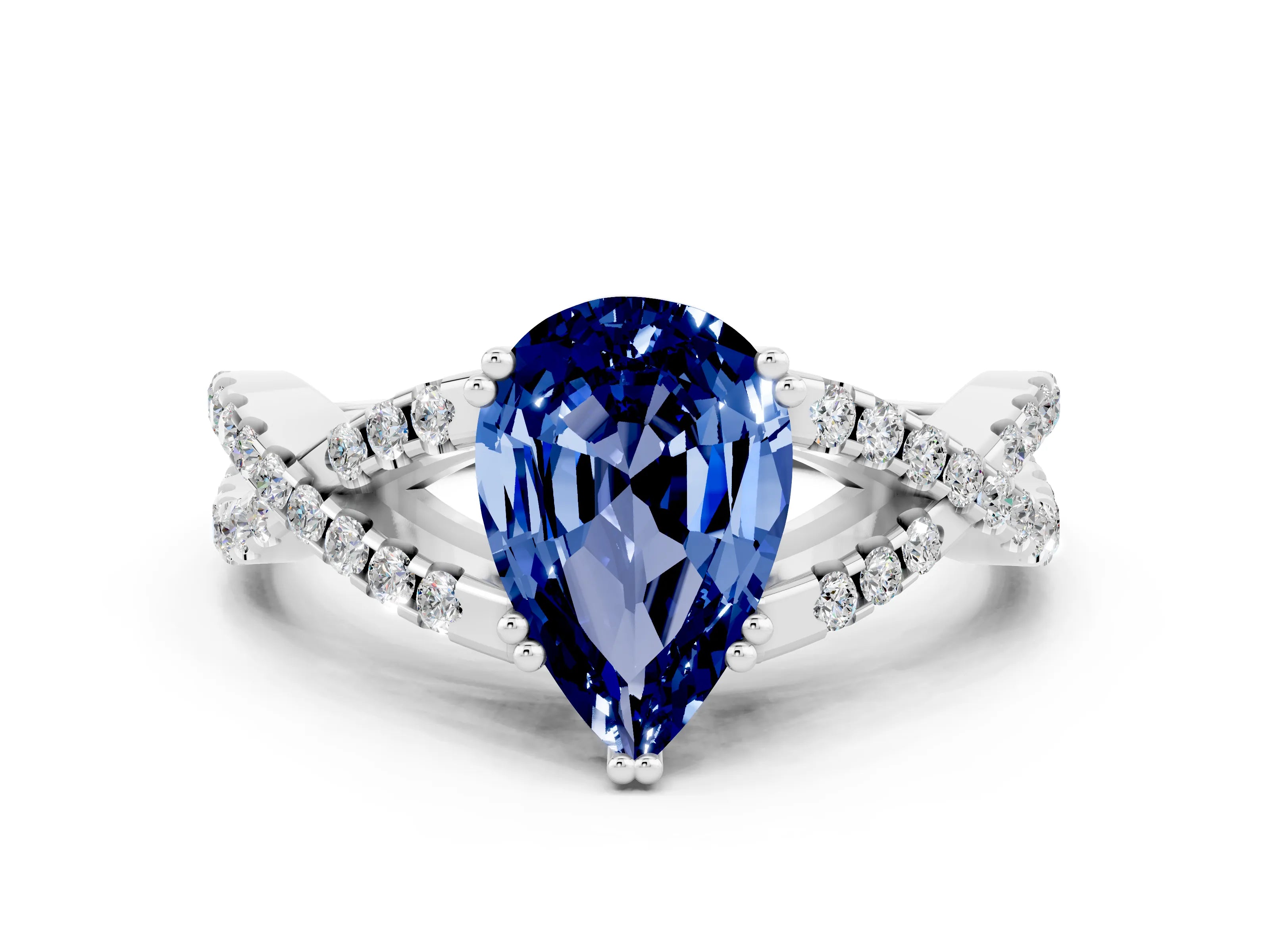 White gold Pear Cut Blue Sapphire Solitaire Ring with Four-Prong Setting and Twisted Pavé Band