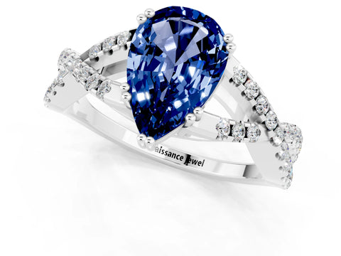 White gold Pear Cut Blue Sapphire Solitaire Ring with Four-Prong Setting and Twisted Pavé Band_1