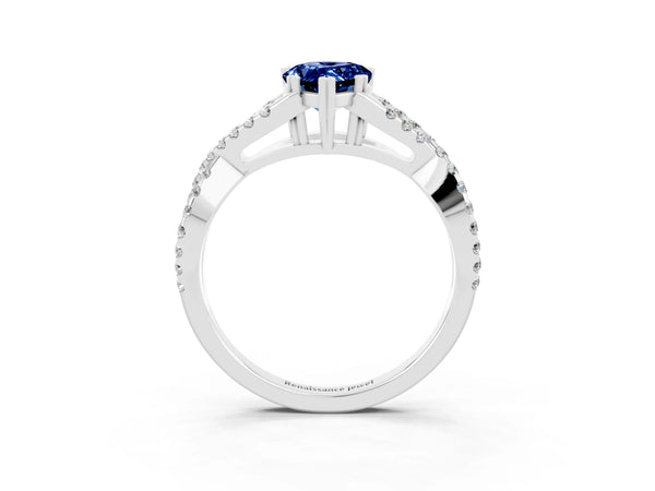 Silver Pear Cut Blue Sapphire Solitaire Ring with Four-Prong Setting and Twisted Pavé Band