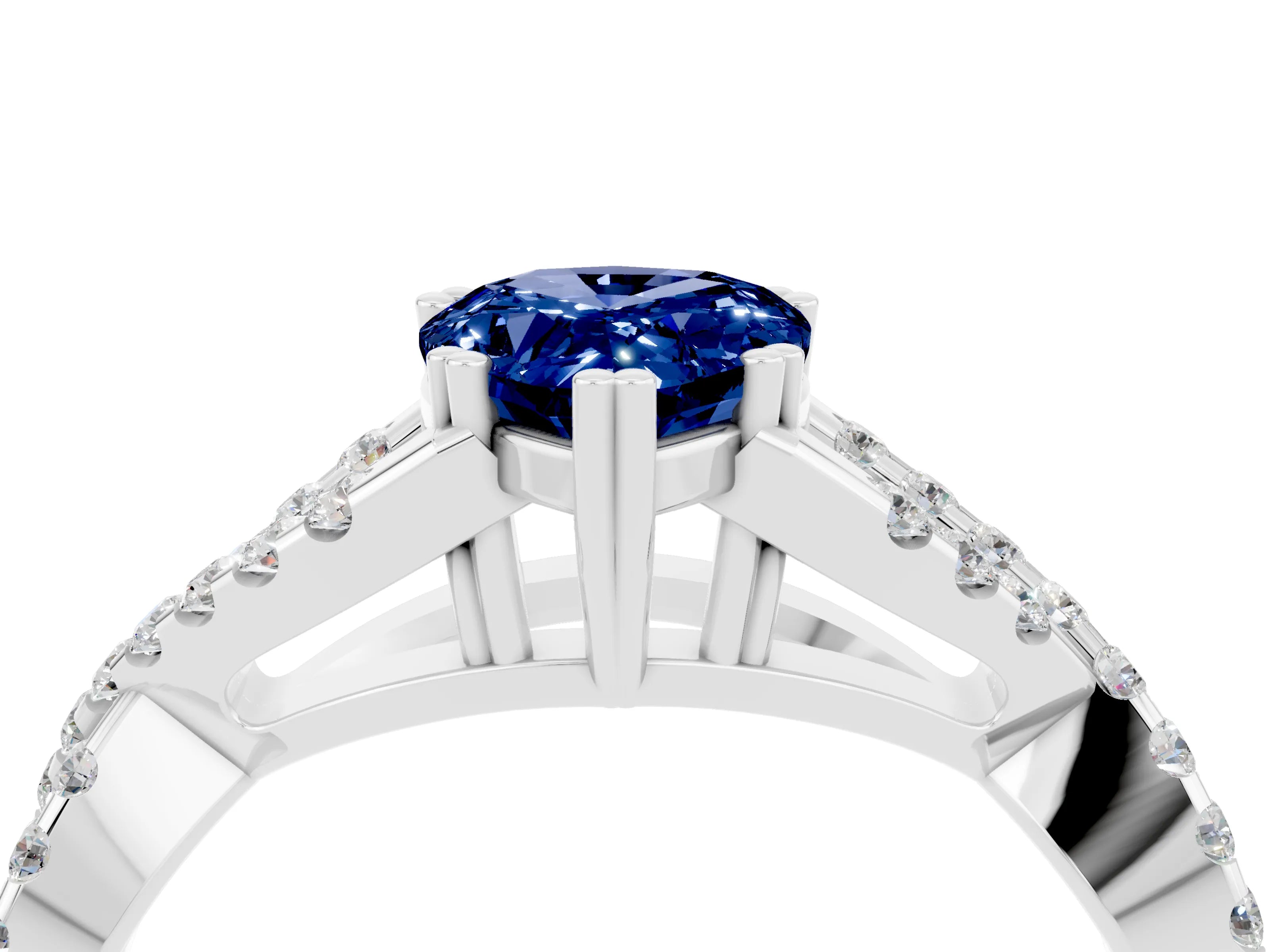White gold Pear Cut Blue Sapphire Solitaire Ring with Four-Prong Setting and Twisted Pavé Band_4
