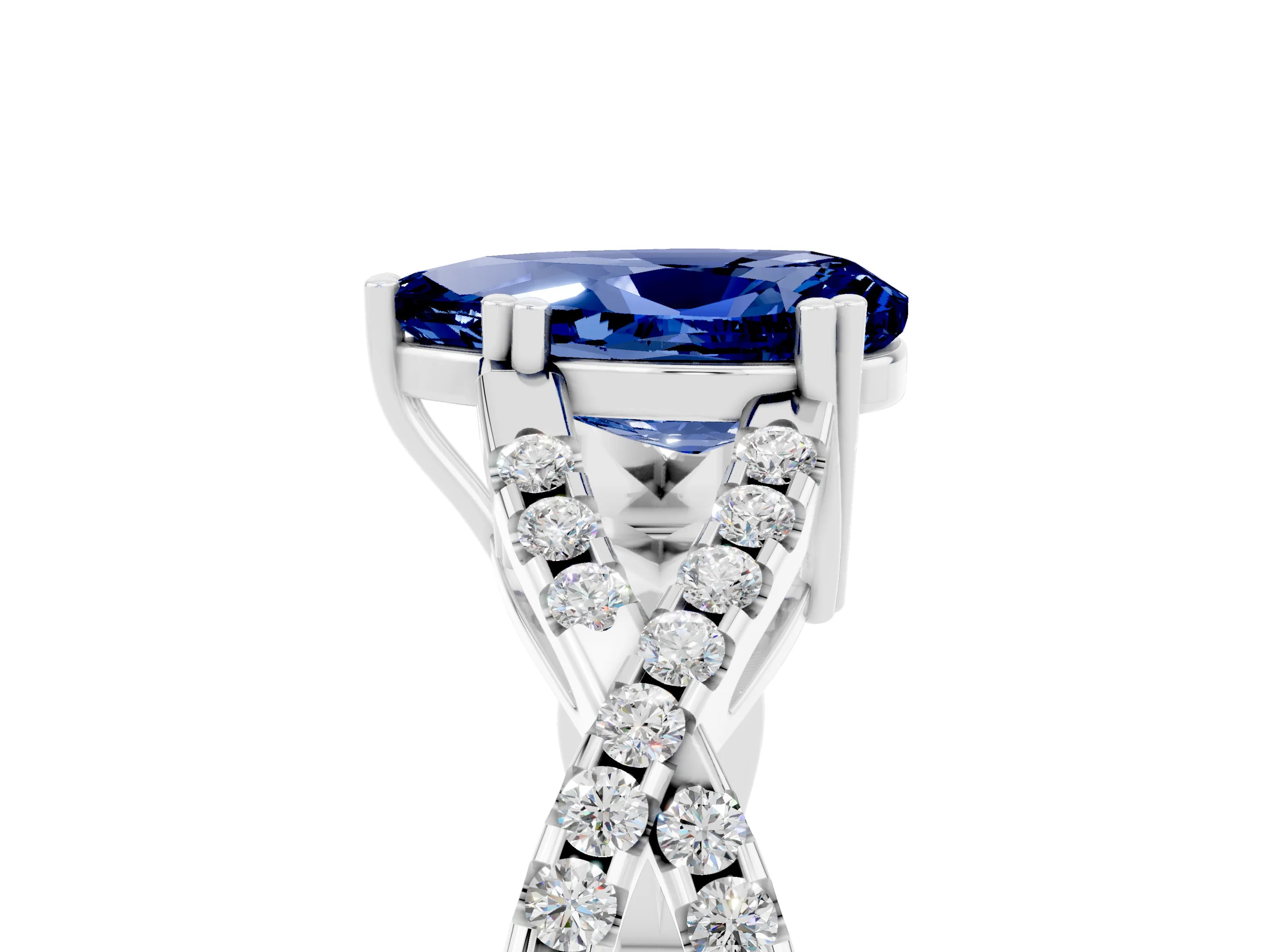 White gold Pear Cut Blue Sapphire Solitaire Ring with Four-Prong Setting and Twisted Pavé Band_5